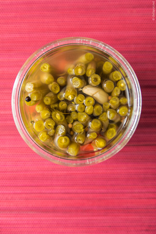 Dilly Beans im Glas, Bohnen mit Dill und Gewürzen, milchsauer vergoren