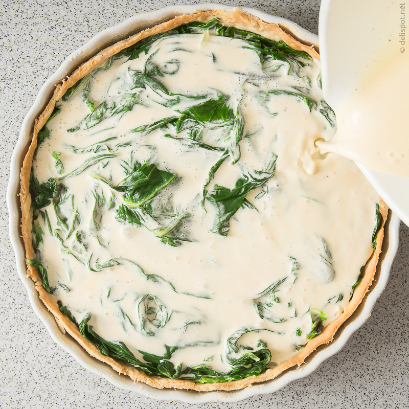 Quiche, Begießen mit Guss aus Sahne und Ei
