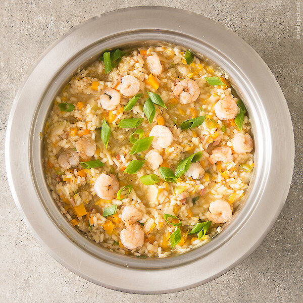 Risotto mit Spitzkohl, Kürbis und Shrimps