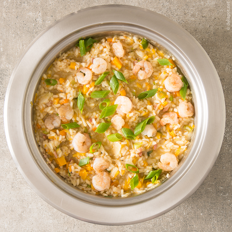 Risotto mit Spitzkohl, Kürbis und Shrimps